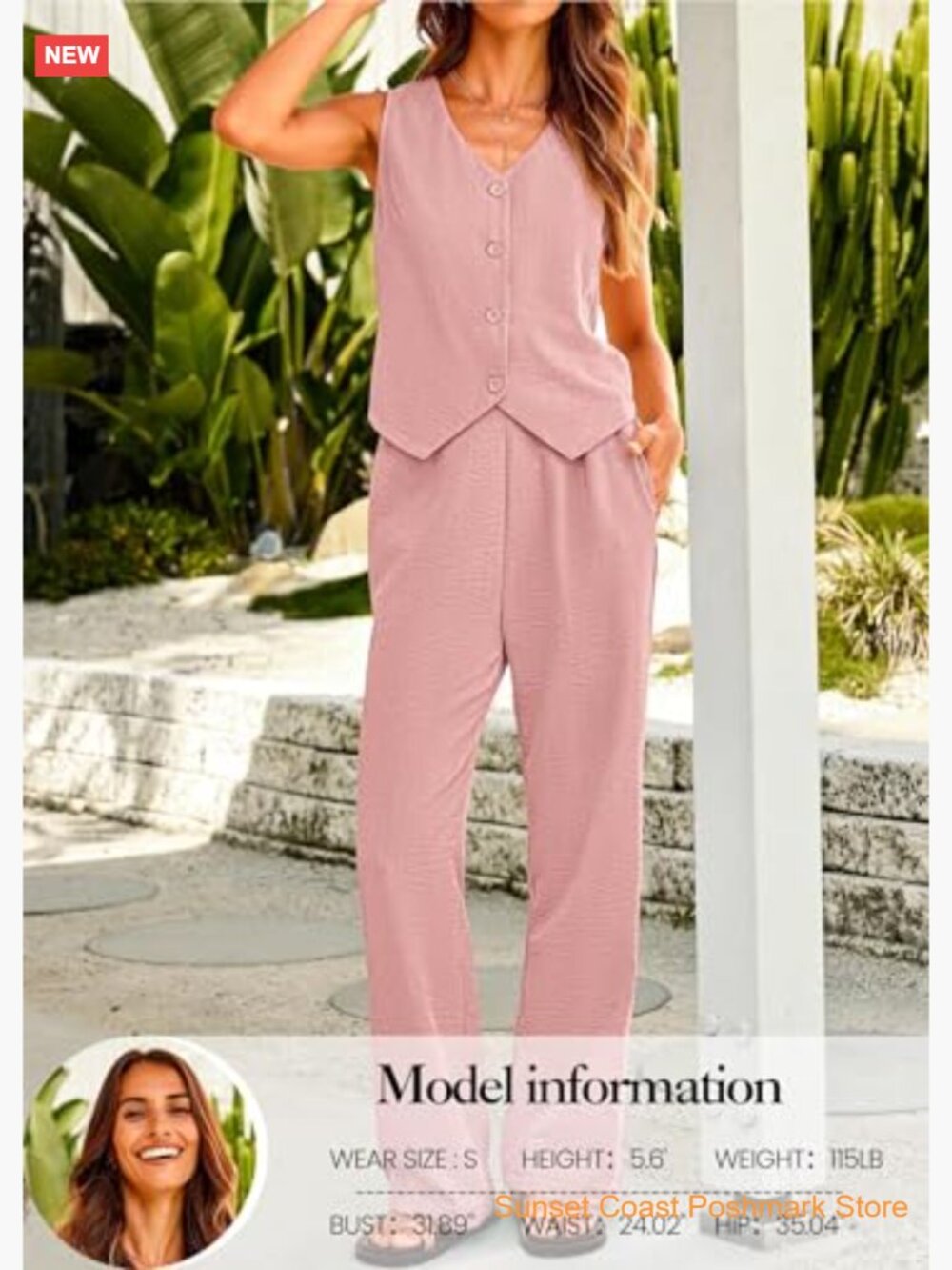Two Piece Summer Blazer Vest Wide Leg Pants Set Office Business Casual Suit - Picture 3 of 7